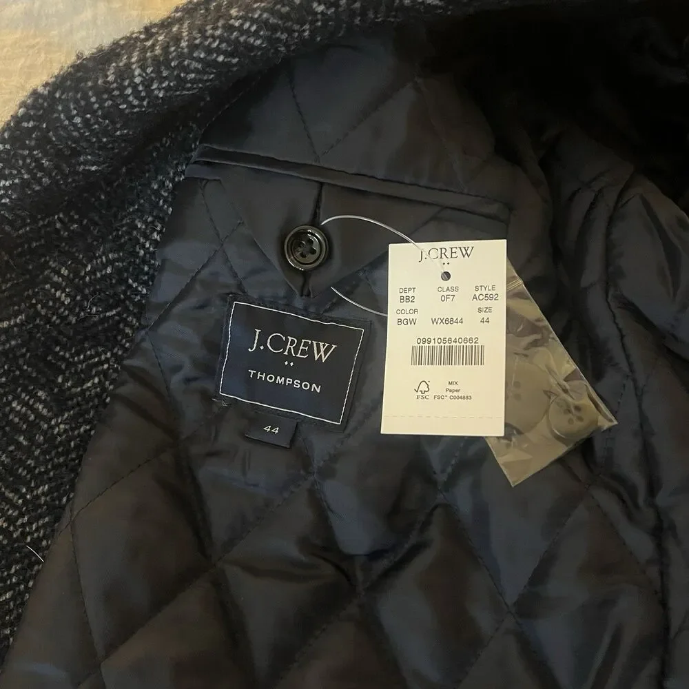 J. Crew Men’s Thompson Wool Blend Herringbone Top Coat Navy Blue Size 44R AC592